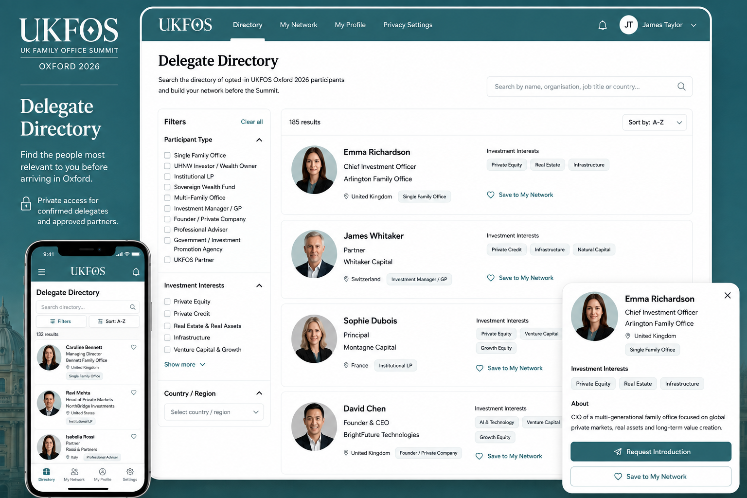 Illustrative preview of the UKFOS Delegate Directory interface showing participant profiles, search filters and My Network features