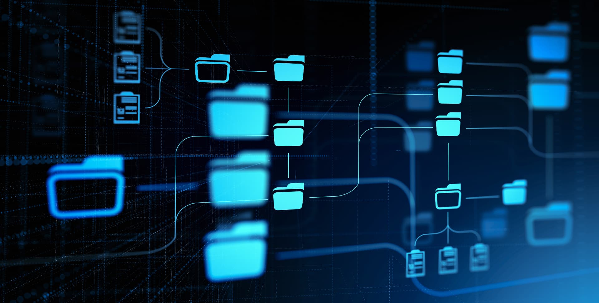 Abstract network of connected folders representing a private digital directory