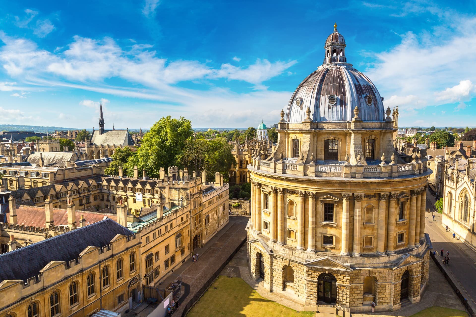 Aerial view of the Radcliffe Camera and surrounding colleges in central Oxford