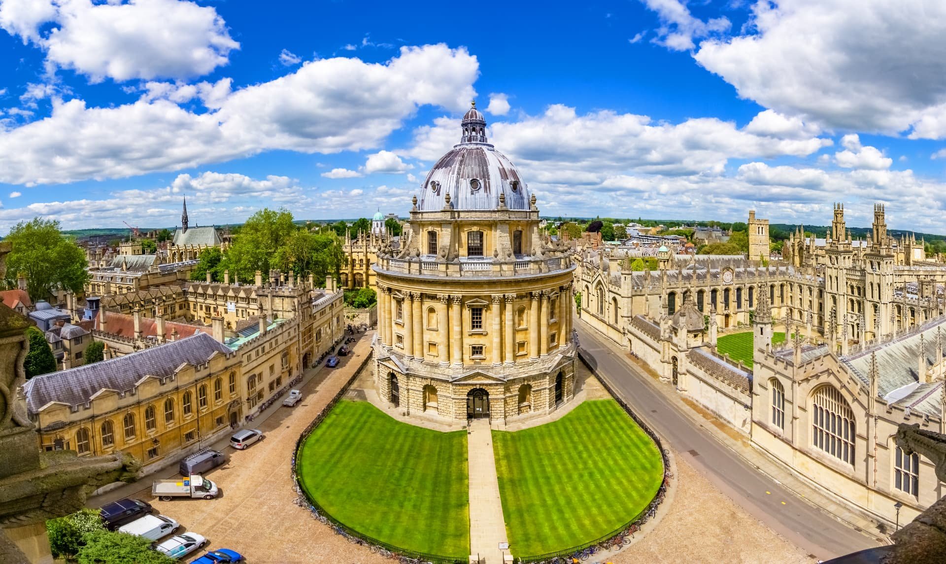 Aerial view of the Radcliffe Camera, Radcliffe Square and All Souls College in central Oxford