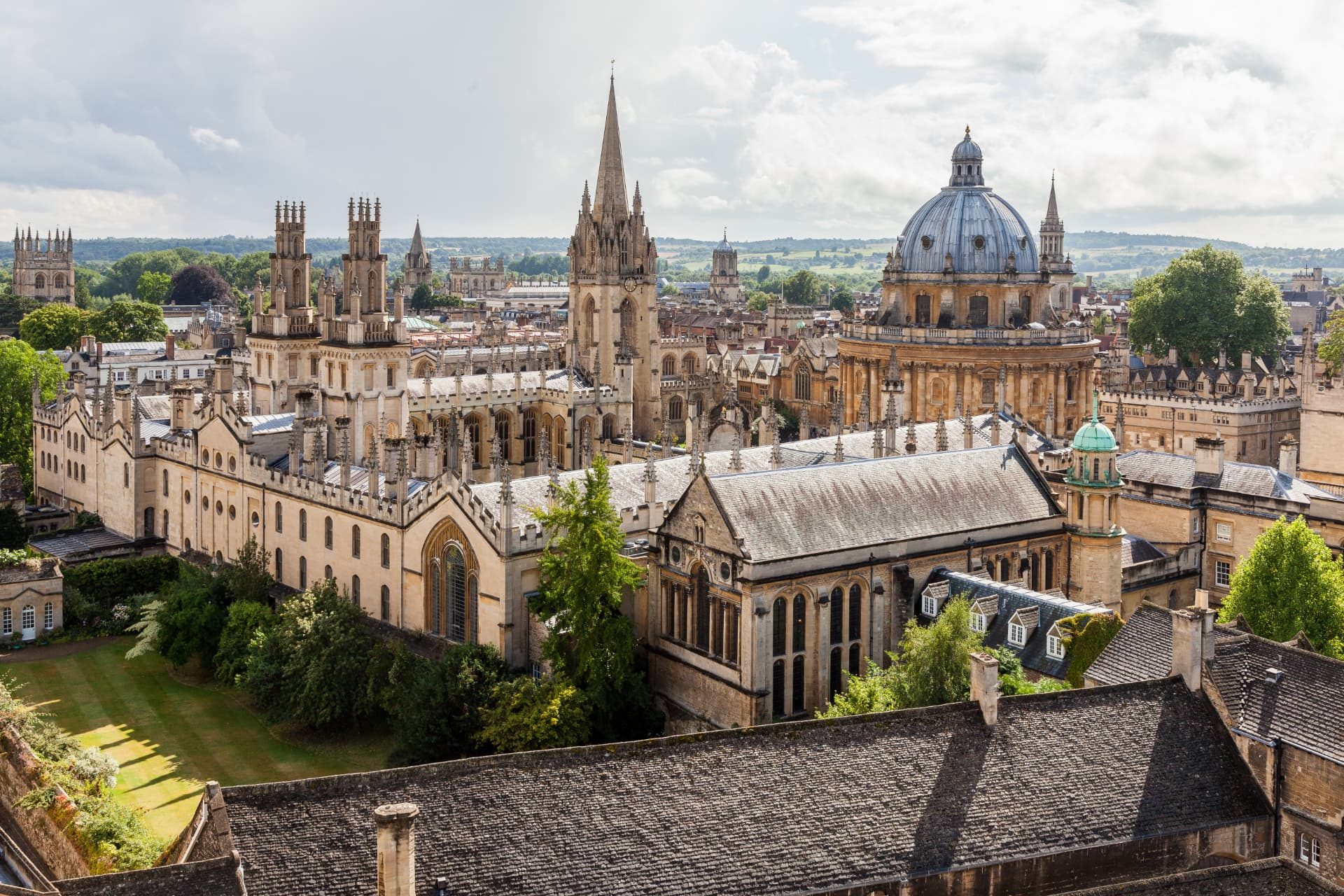 Aerial view of central Oxford with All Souls College, the University Church spire and the Radcliffe Camera