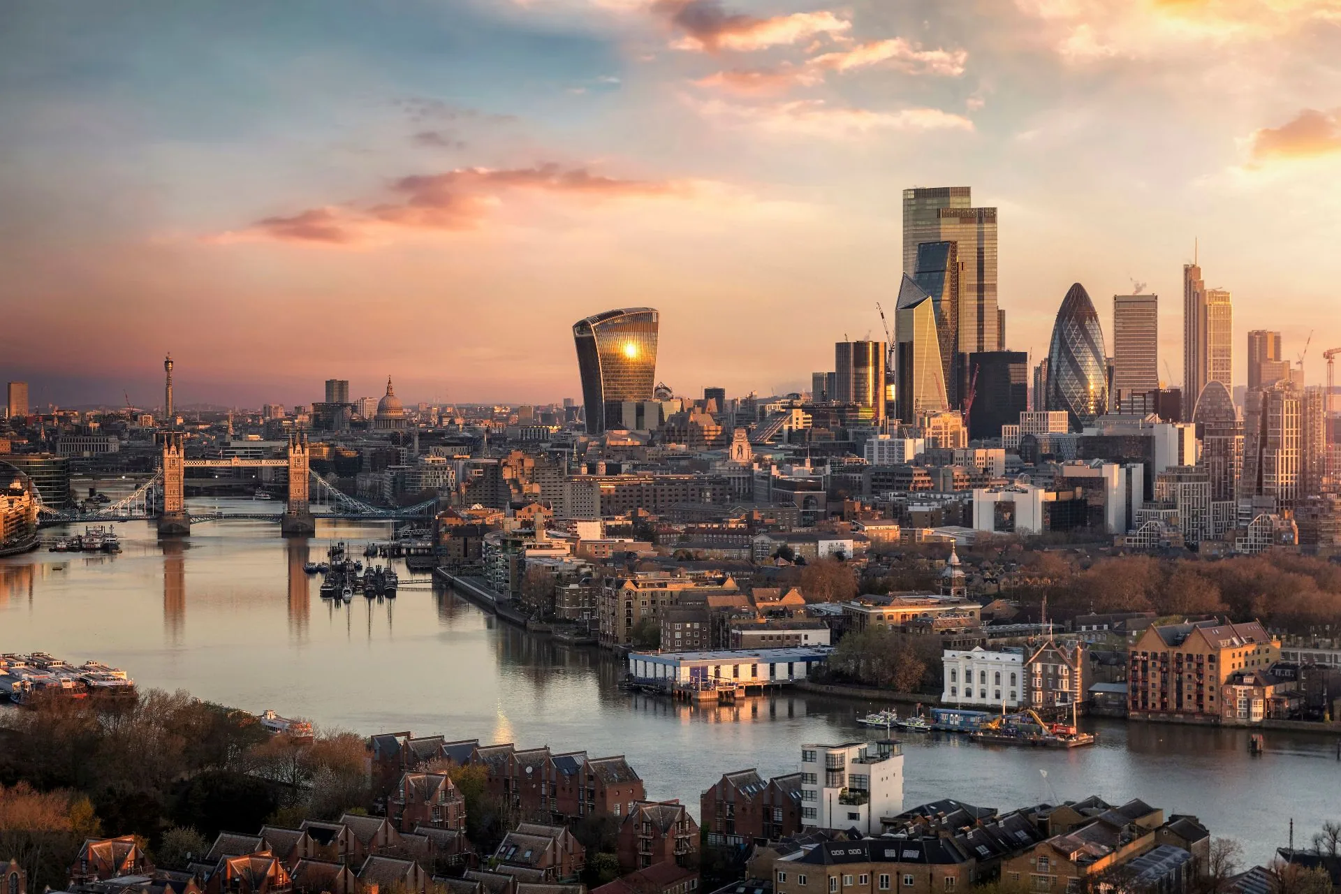 London skyline at sunset — the centre of UK private wealth and institutional capital