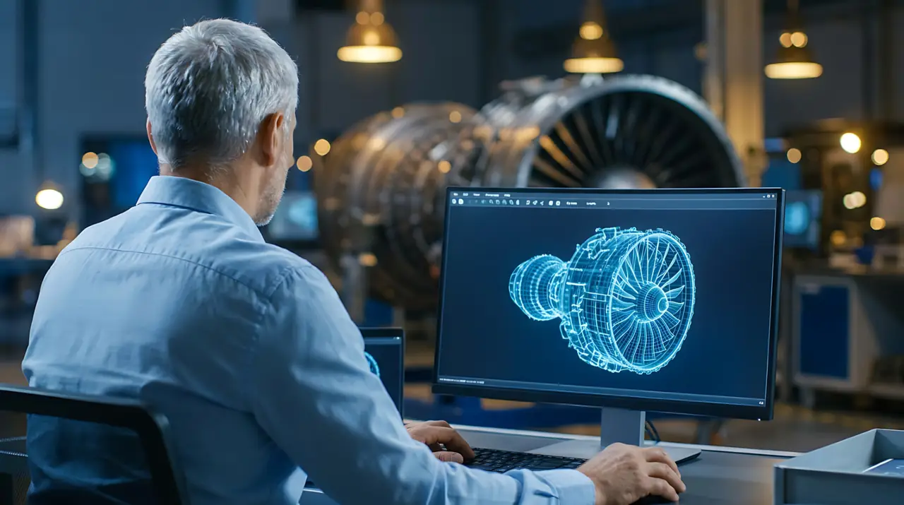 Engineer reviewing a 3D turbine engine model on a workstation screen in an advanced manufacturing facility