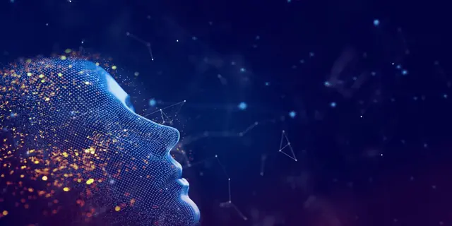 Digital particle rendering of a human profile against a network of connected data points