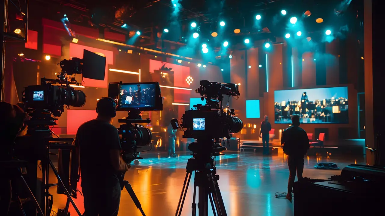 Television studio floor with broadcast cameras, monitors and stage lighting during a production