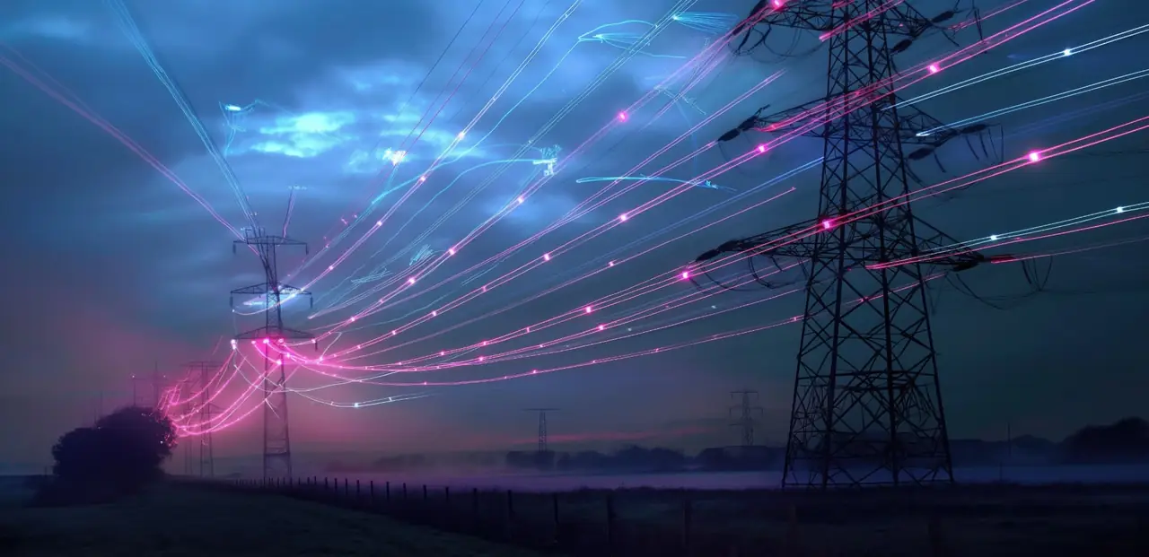 Electricity transmission pylons at dusk with illuminated power lines stretching across open countryside