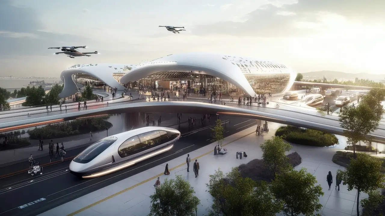Futuristic transport interchange with an autonomous pod vehicle and aerial craft above a curved terminal