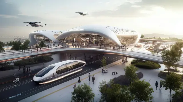 Futuristic transport interchange with an autonomous pod vehicle and aerial craft above a curved terminal