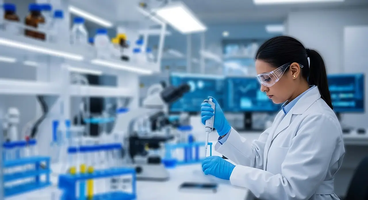 Scientist in a laboratory using a pipette beside a microscope and diagnostic screens