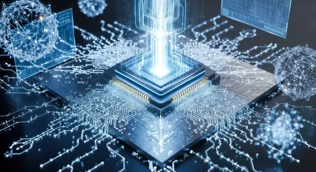 Illuminated processor chip on a circuit board with light traces radiating outward