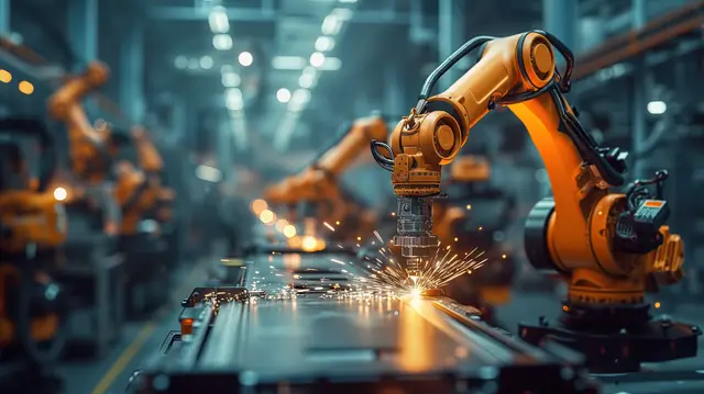 Industrial robotic arm welding a metal panel on an automated production line