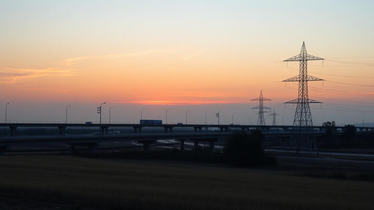 Motorway bridge and electricity pylons across open landscape at sunrise