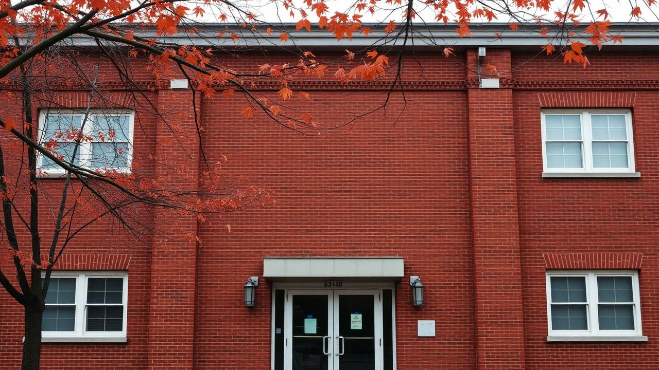 Red-brick New England office building facade framed by autumn maple branches