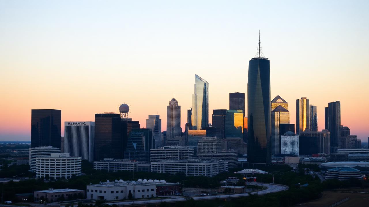Houston skyline at dawn under warm light