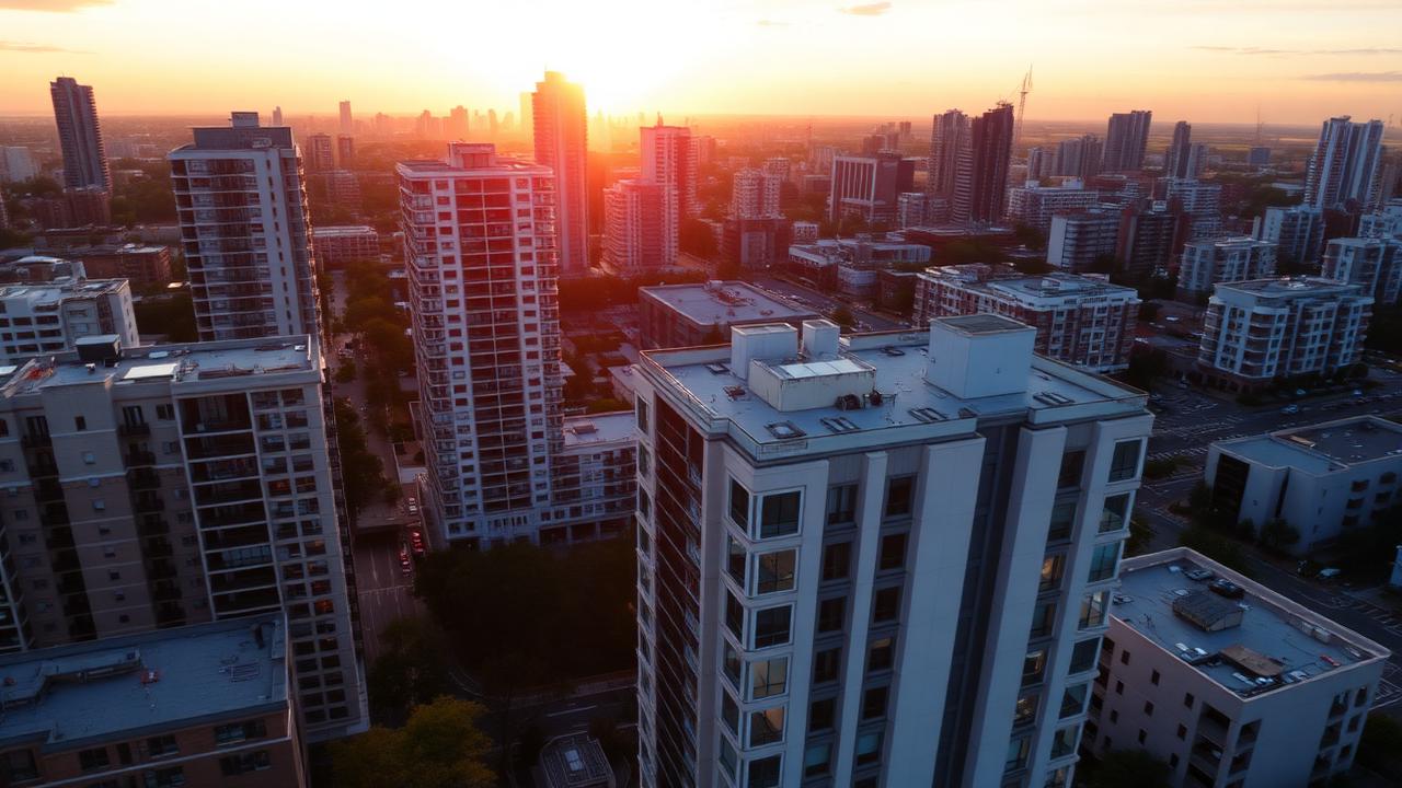 Aerial view of city residential and commercial development at sunset