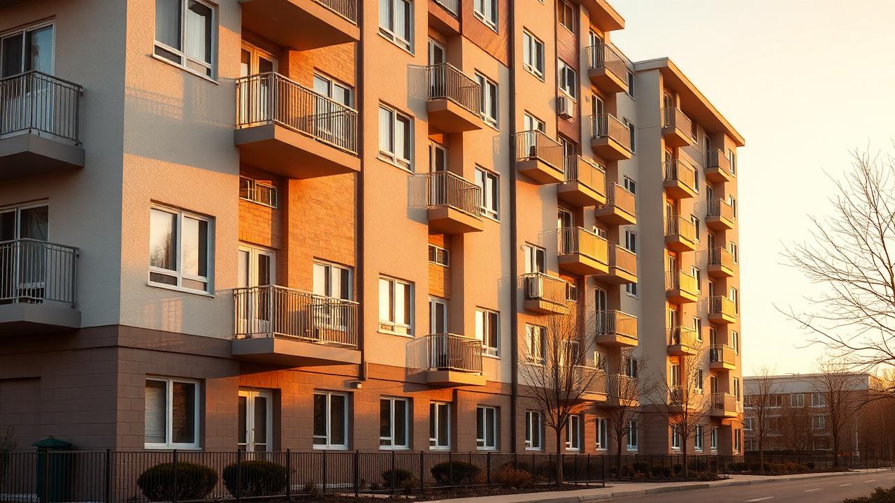 Modern multifamily apartment building exterior in warm evening light