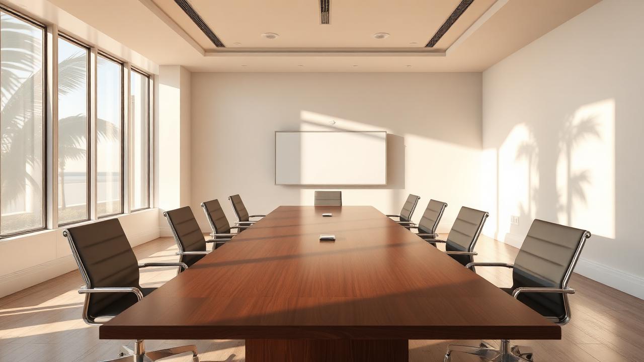 Empty coastal Florida meeting room with tall windows and warm daylight
