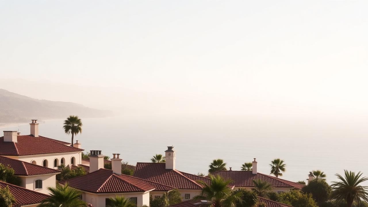 Californian coastal town rooftops and palms under clear afternoon light