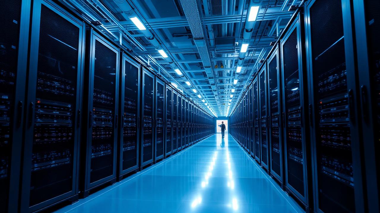 Data centre hall with high-density server racks under cool blue lighting