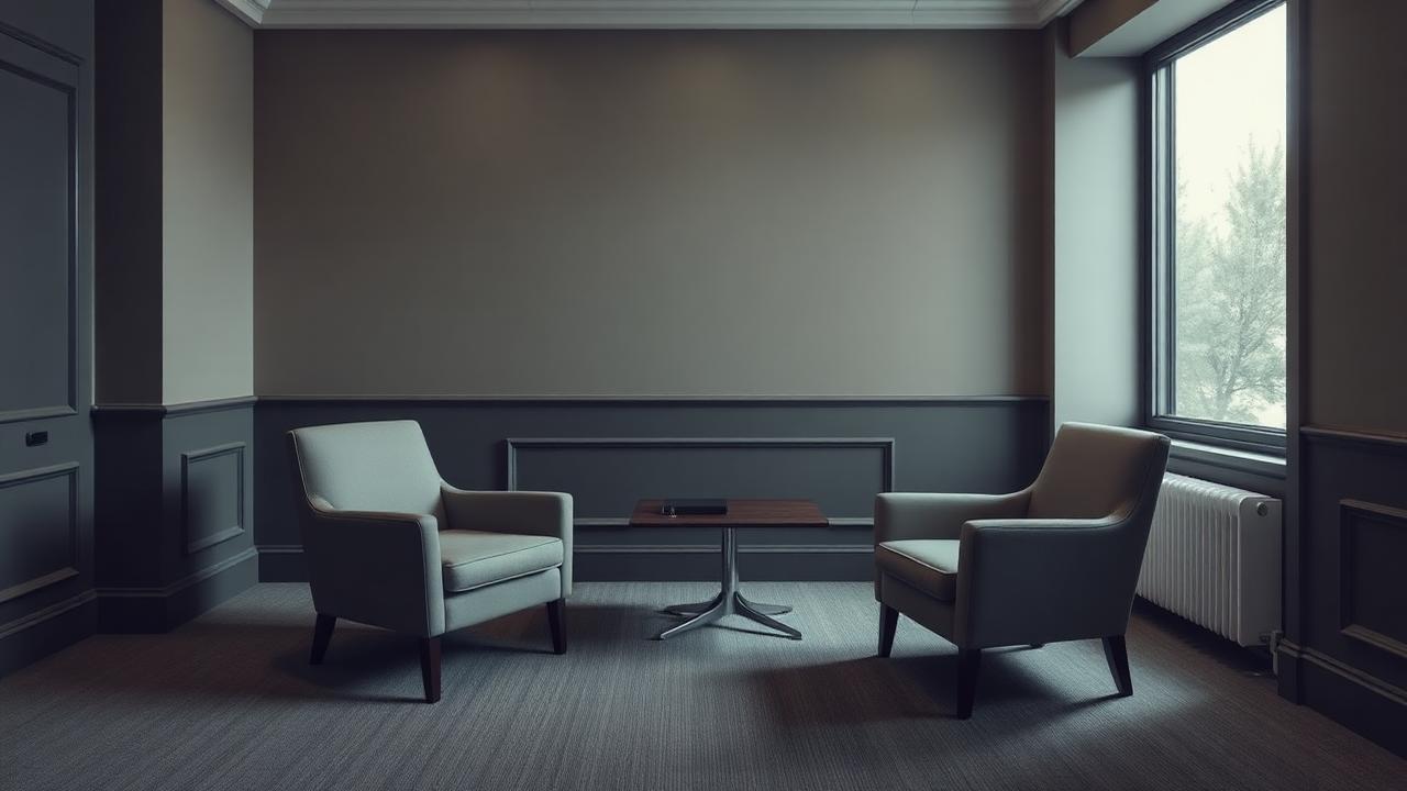 Quiet executive interview room with two facing armchairs beside a window