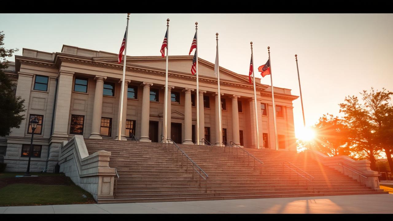 American civic municipal building with stone steps and flagpoles at sunrise
