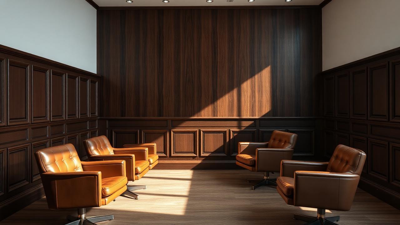 Quiet panelled private wealth meeting room with empty leather chairs