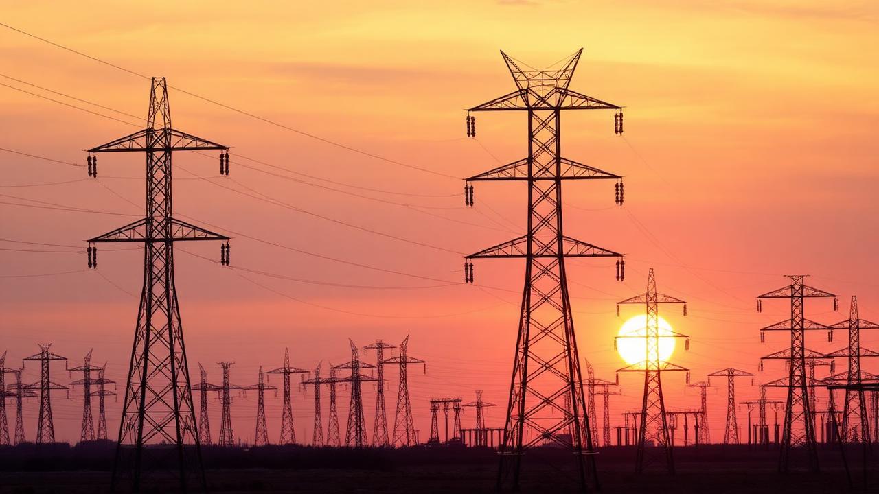 High-voltage transmission pylons across open landscape at sunset