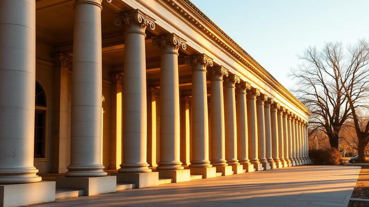 Classical limestone colonnade of an institutional building at golden hour