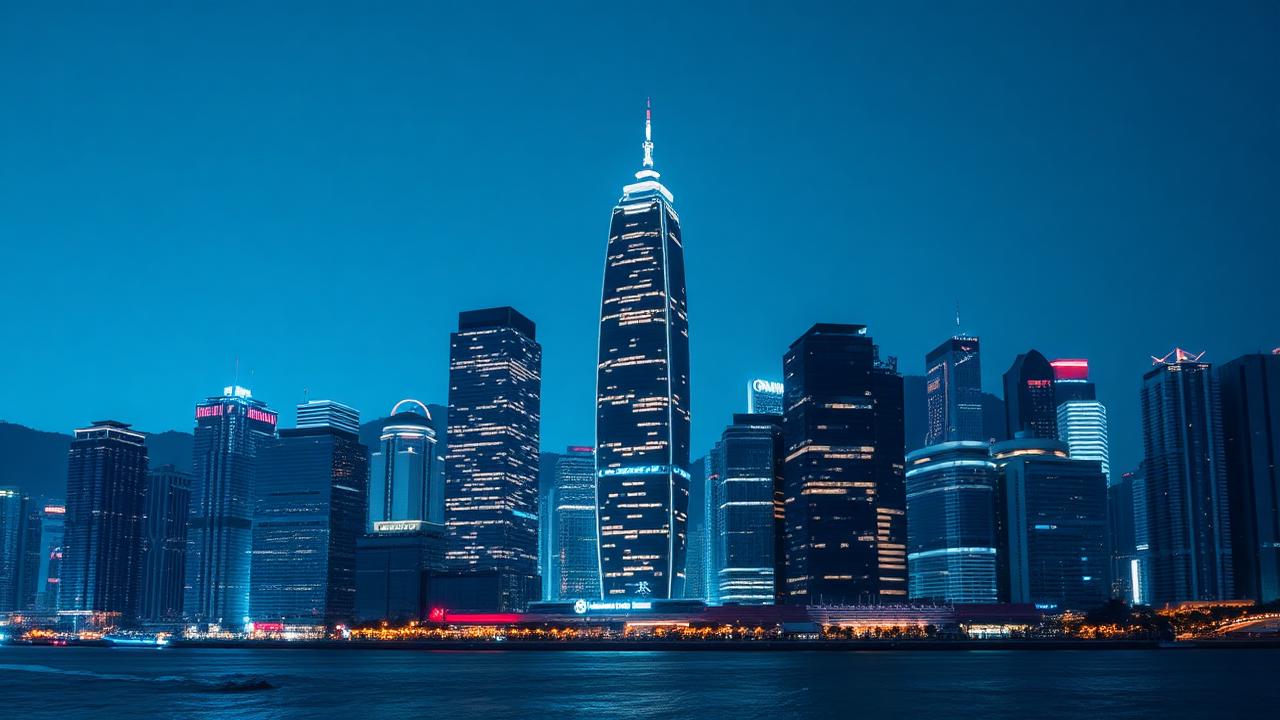 Hong Kong financial district skyline at blue hour