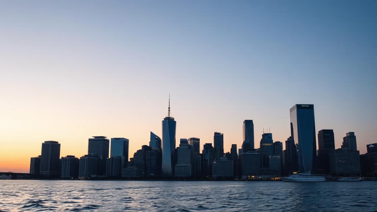 American financial district skyline seen across water at dusk