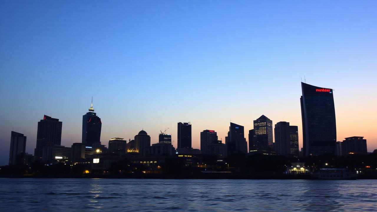 Mumbai skyline at dusk seen across water