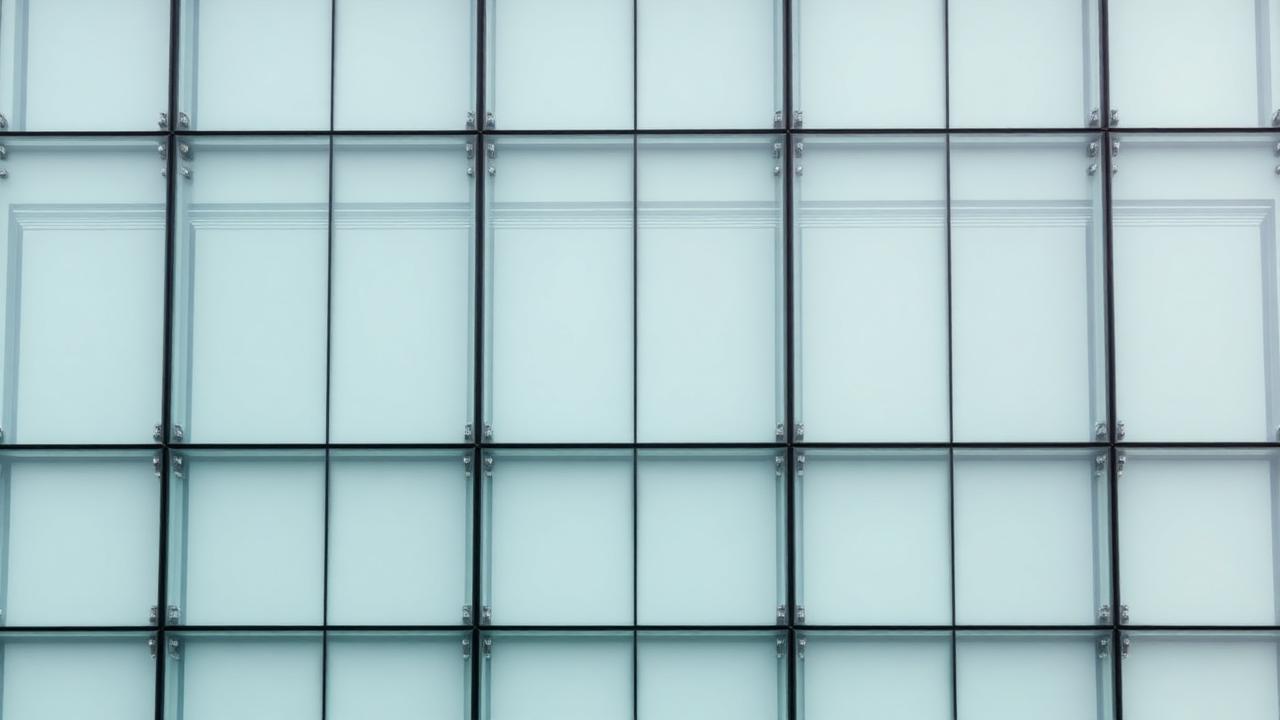 Abstract modular glass facade with repeating panels in cool neutral tones