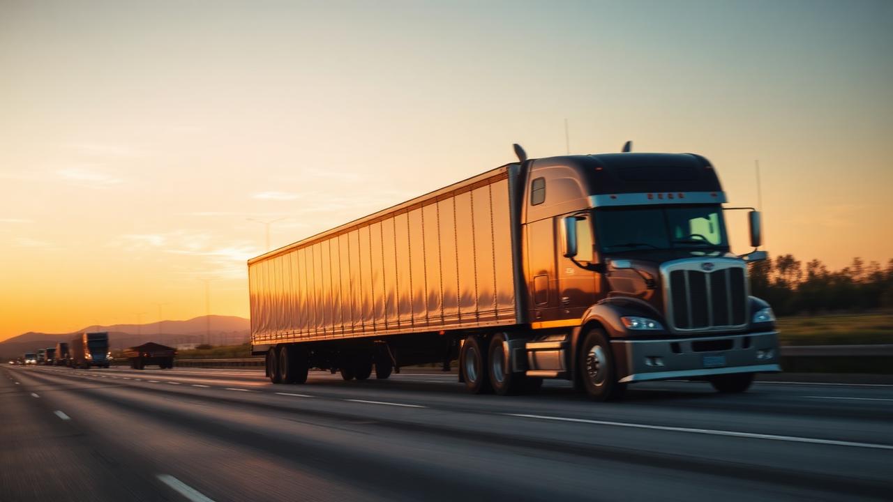 Unmarked freight lorry travelling on an American highway at golden hour