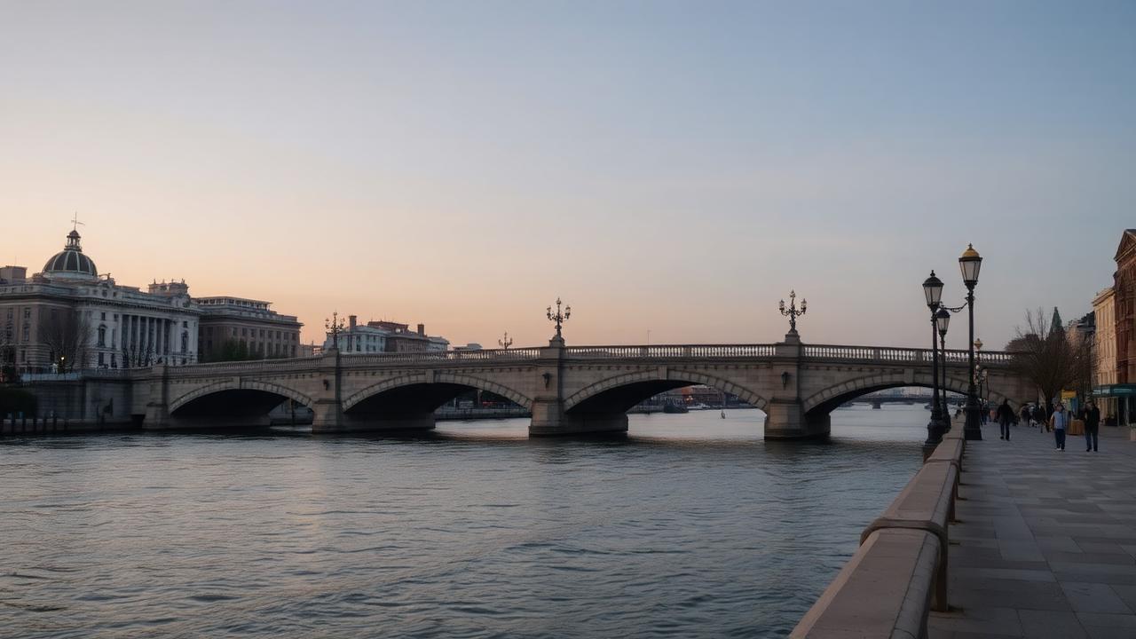 Stone city bridge and civic waterfront at dawn under a pale sky