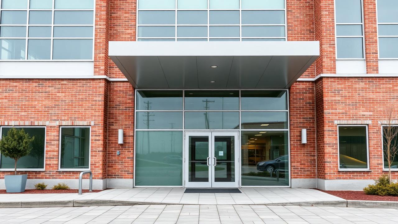 Modern healthcare building exterior with brick facade and glass entrance canopy