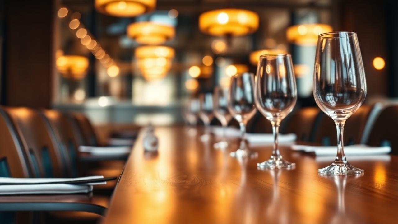 Polished restaurant table with glassware and warm bokeh light