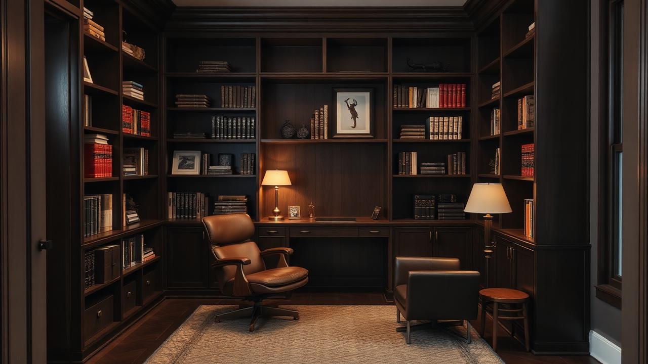 Quiet private study with dark timber shelving and warm lamp light