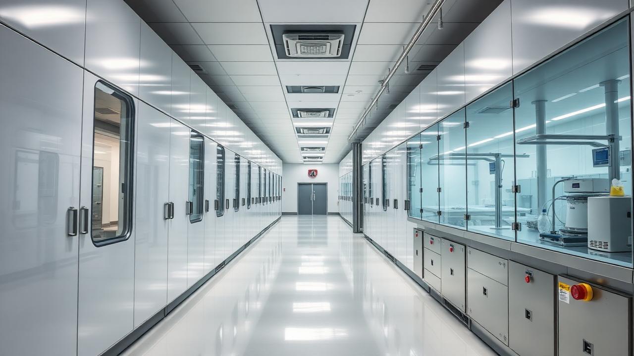 Modern radiopharmaceutical laboratory corridor with stainless steel equipment