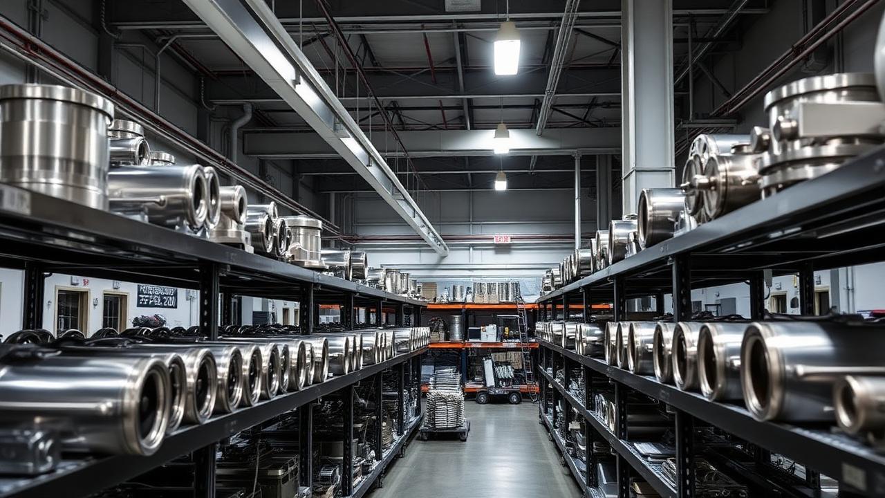 Precision metal components on racks inside an industrial finishing plant