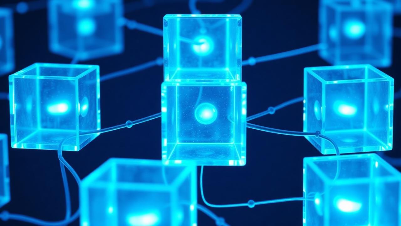 Abstract translucent geometric blocks connected by glowing blue lines