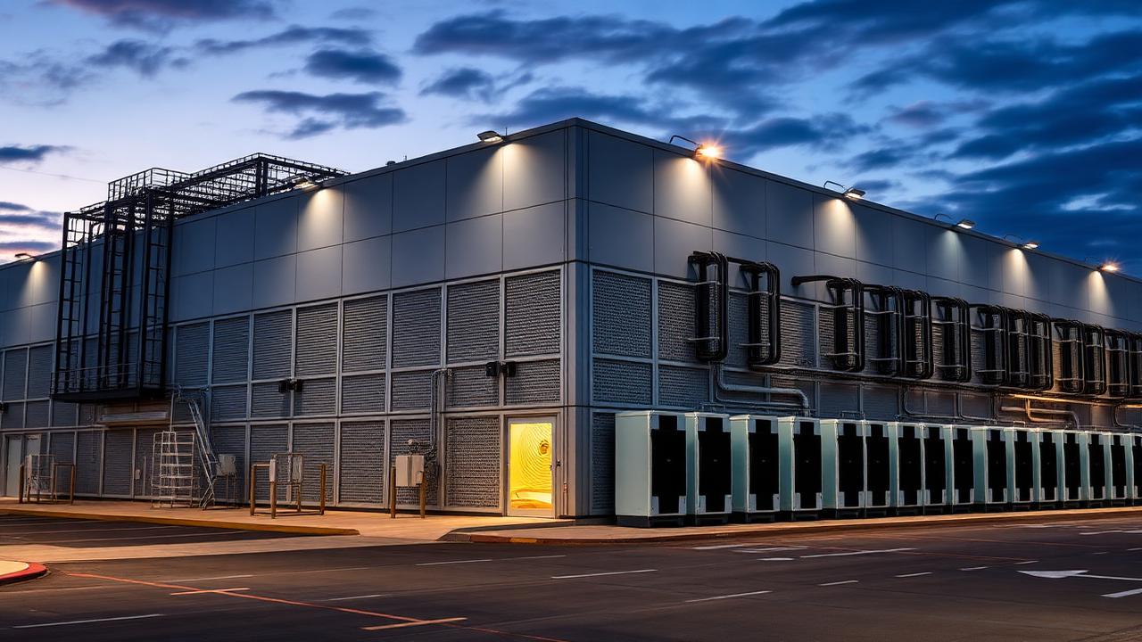 Large modern data centre building exterior at dusk with cooling plant