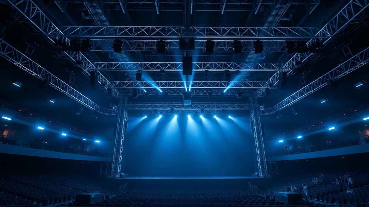 Empty arena stage rigging and lighting trusses before a live performance