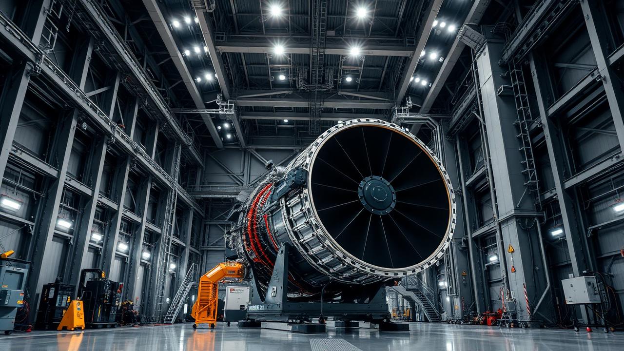 Industrial aerospace propulsion test facility interior under bright lighting