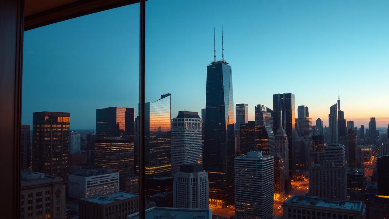 Chicago skyline viewed through a modern office window in soft daylight
