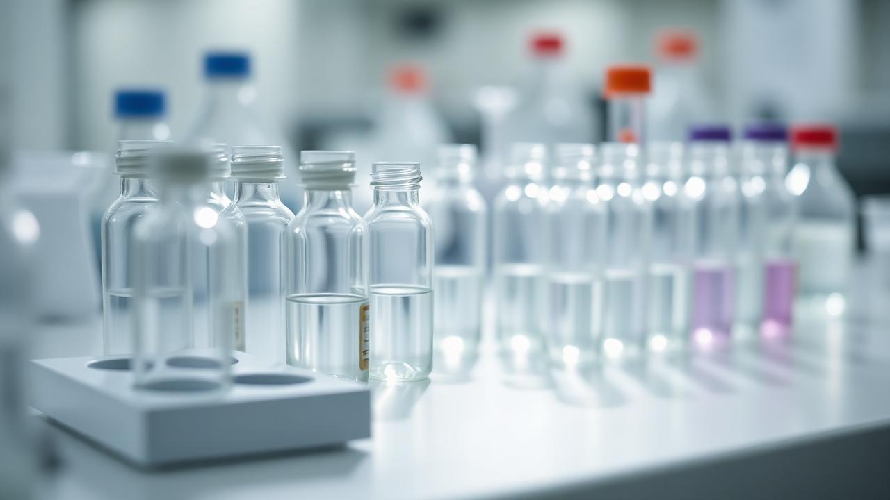 Clear laboratory glassware and sample vials on a white bench in daylight
