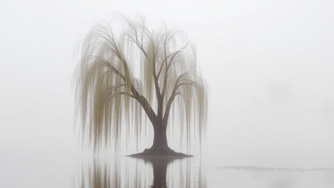 Willow tree beside still water in soft morning mist